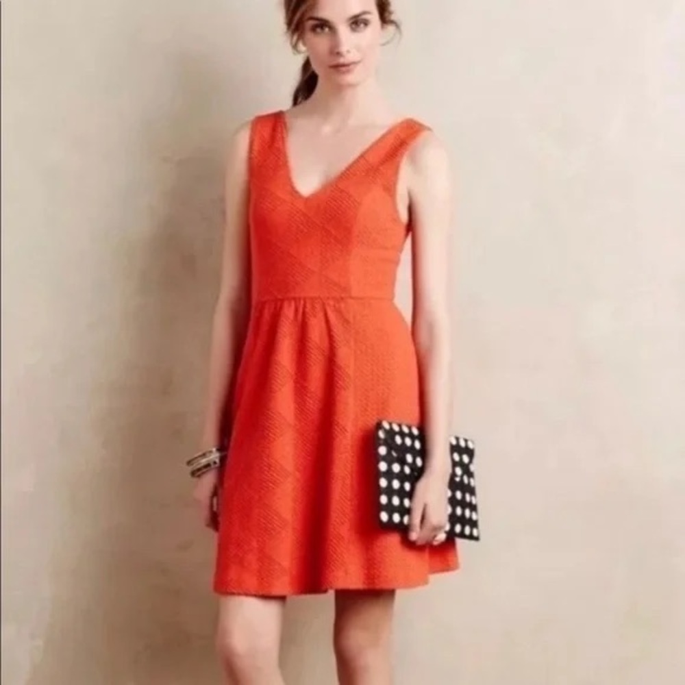 Anthropologie Maeve Orange Double V Skater Flare Mini Dress EUC Women’s Size - 2